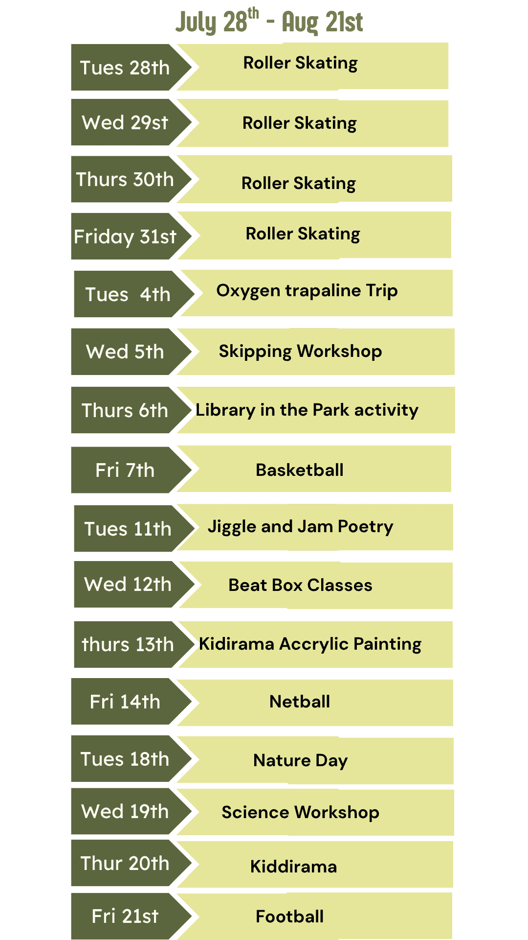 Holiday Club Timetable